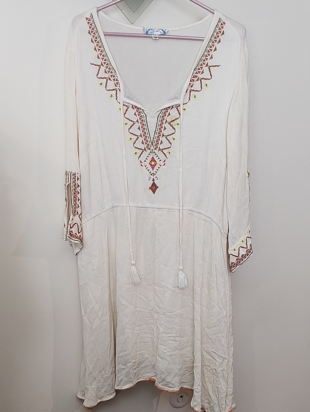 J Gee Cream Tunic Dress With Embroidered Neckline, Sleeve, And Hem